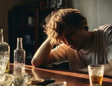 A person with tousled hair sits at a table, head resting on one hand, looking tired or upset. The table is cluttered with bottles, glasses, and other items, suggesting a somber or reflective mood. Light filters in from the side.