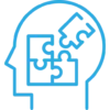 Outline of a human head with blue puzzle pieces inside, symbolizing problem-solving, mental processes, or cognitive function.