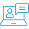 Blue outline icon of a laptop with a person’s silhouette on the screen and a chat bubble above the laptop, symbolizing online communication or a virtual meeting.