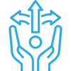 A blue outline icon of two hands cupping a circle with three arrows pointing up, left, and right, symbolizing choice, direction, or decision-making.