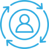 Blue outline icon of a person inside a circle, surrounded by four curved arrows forming a loop, symbolizing user interaction, process, or continuous cycle.