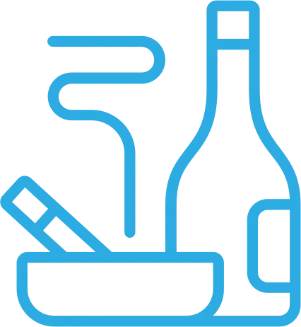 A blue line drawing of a bottle, an ashtray with a cigarette, and smoke rising, symbolizing alcohol and tobacco use.